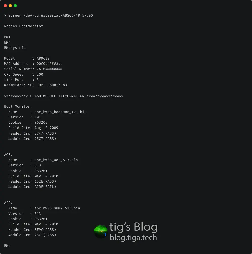 Terminal window with a serial session to the AP9630