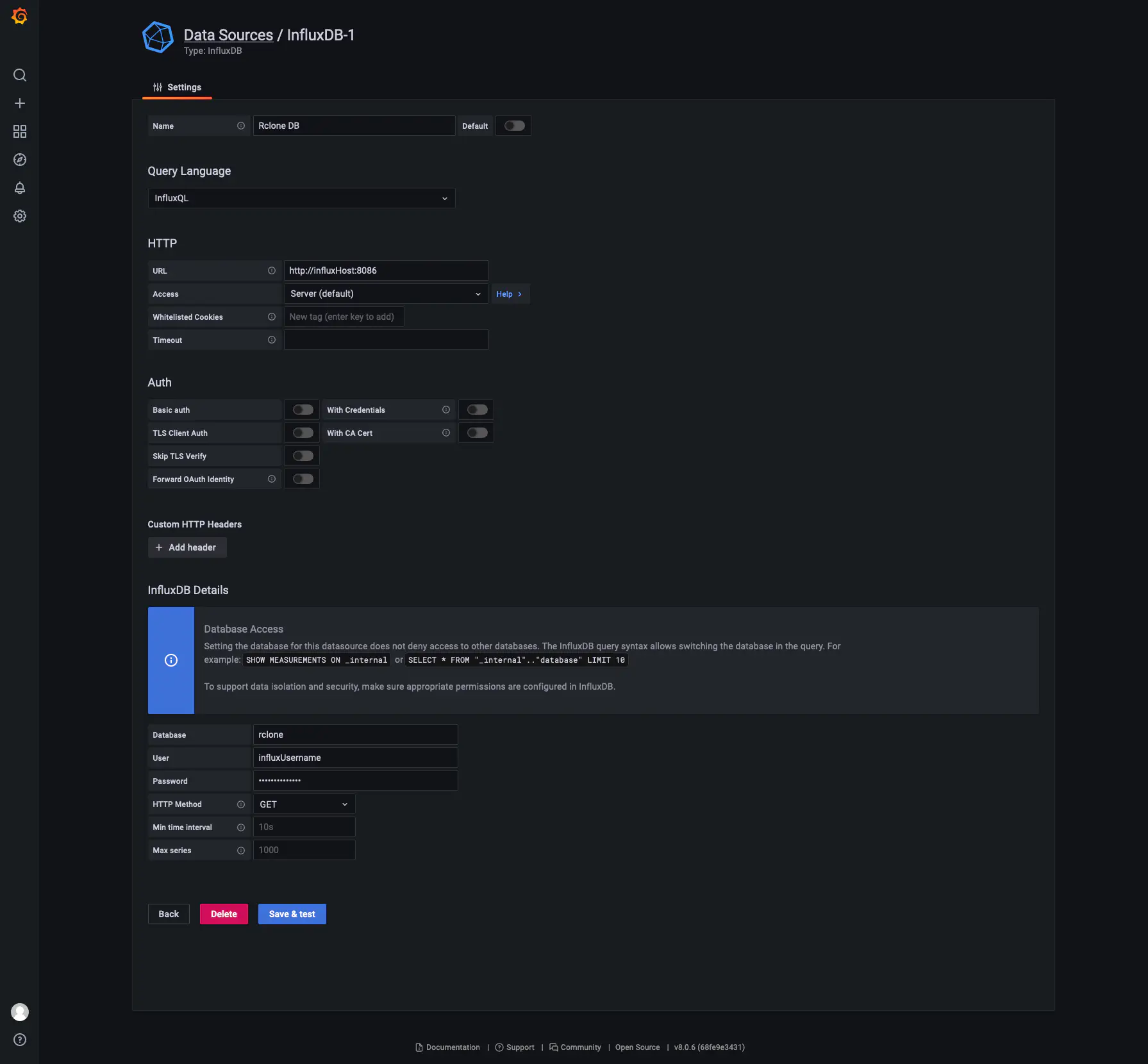 Datasource settings page